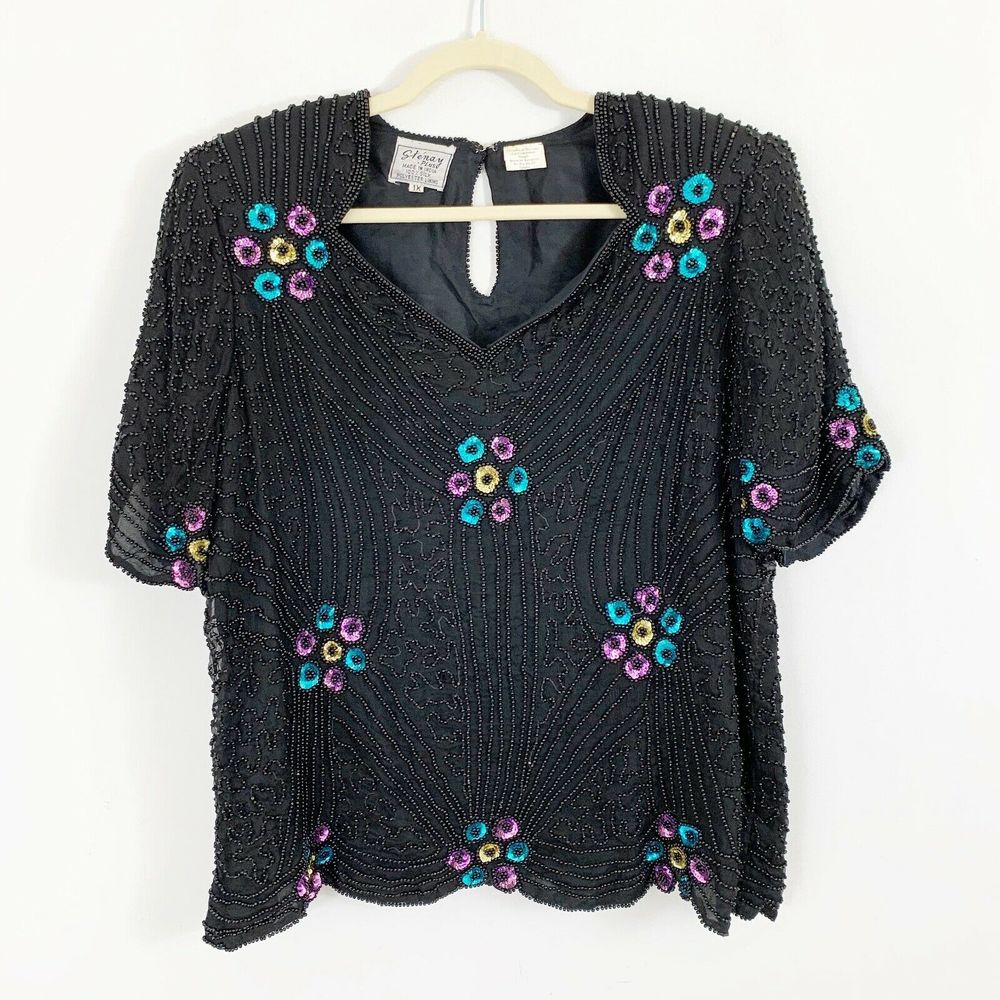 Stenay Plus Size Sequin Beaded Floral Blouse 1X